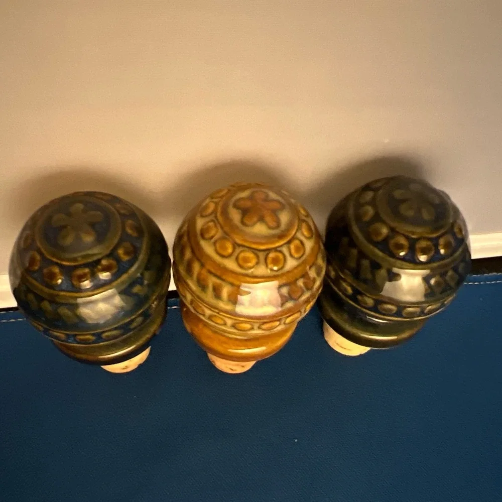 Set of 3 Vintage Ceramic/Porcelain Bottle Stoppers Blue And Sand Colors